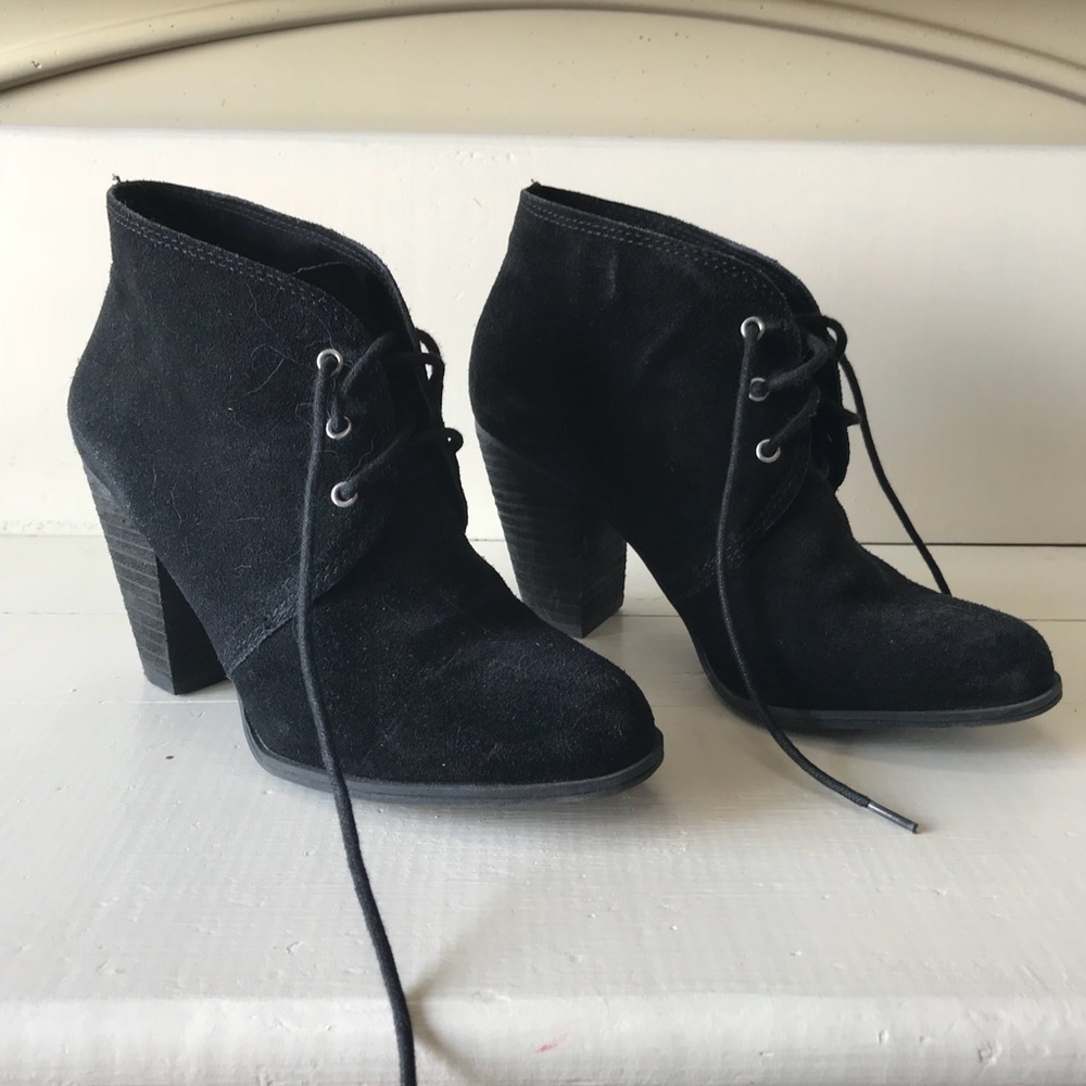 BCBG Generation black suede tie up booties